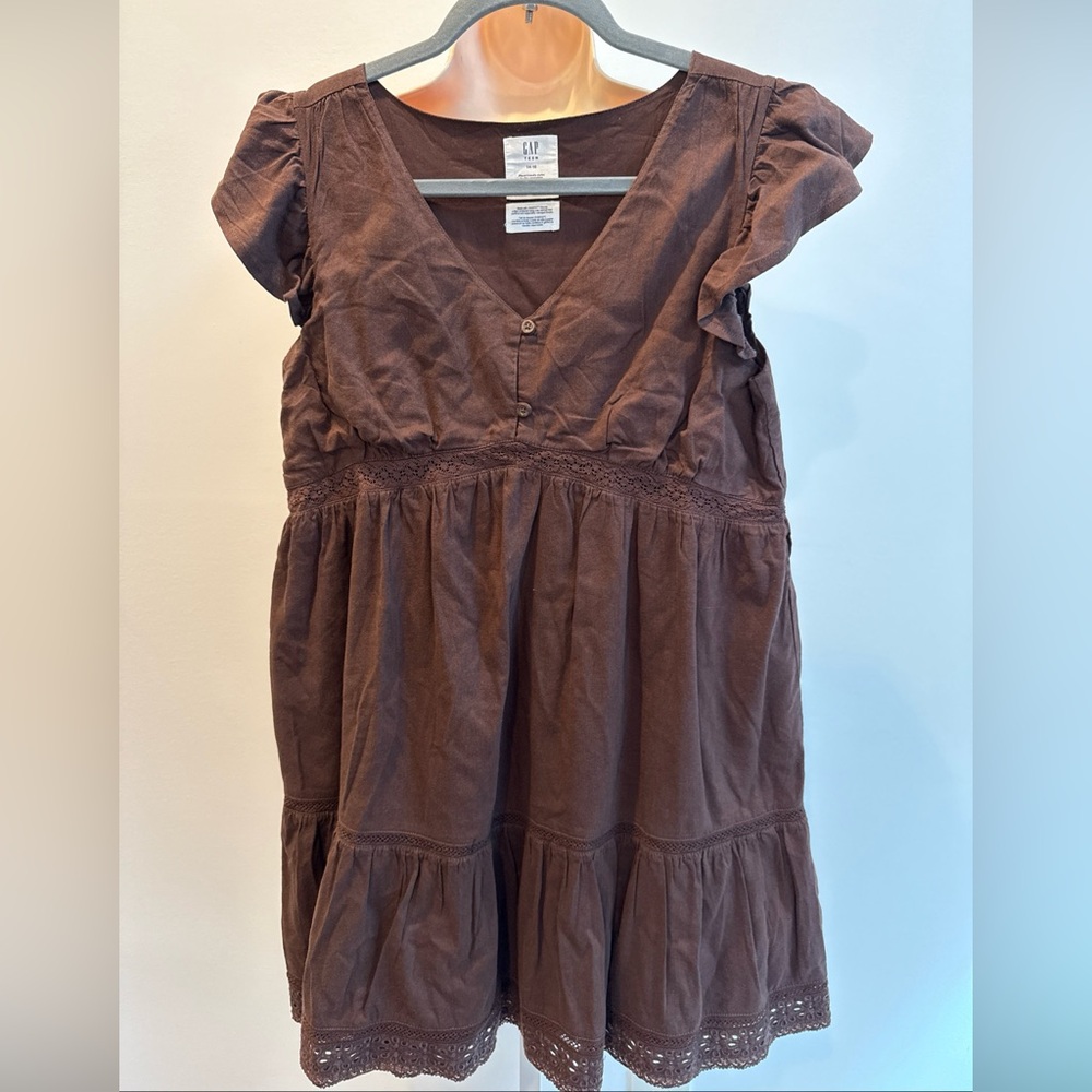 GAP Kids Chocolate Brown Casual Dress Baby Doll V-neck Girl Size 14-16